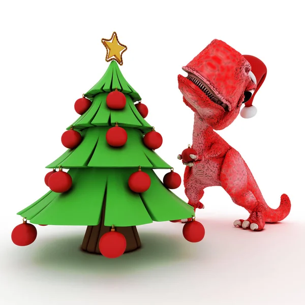 Friendly Cartoon Dinosaur with gift christmas tree — Stock Photo, Image