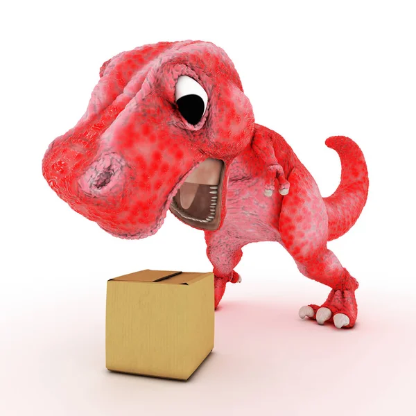 Dinosaurio de dibujos animados amigable con caja de cartón — Foto de Stock