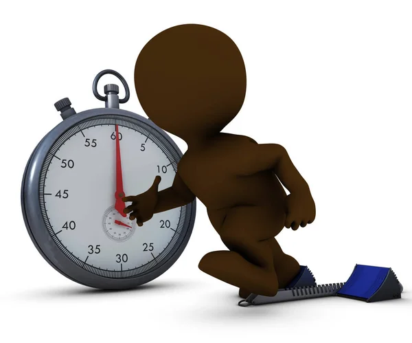 3D Morph Man on starting blocks and stop watch — Stock Photo, Image