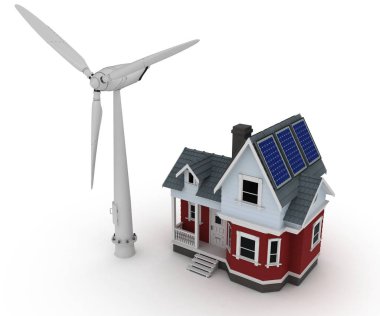 Rüzgar türbini ile bir evde Güneş panelleri