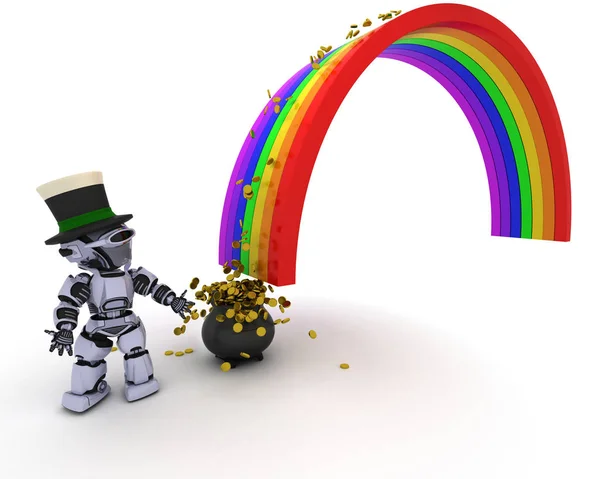 Roboter mit goldenem Topf am Ende des Regenbogens — Stockfoto