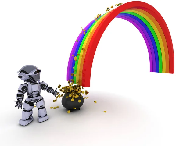 Robot con vaso d'oro alla fine dell'arcobaleno — Foto Stock
