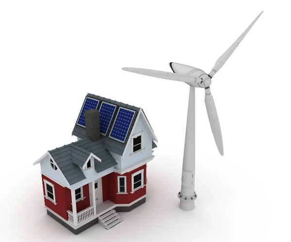 Solar panels on a house with wind turbine — Stock Photo, Image