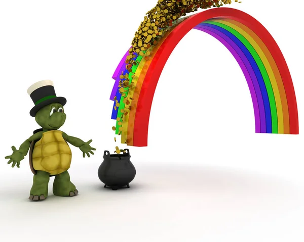 Черепаха с горшком золота в конце радуги — стоковое фото