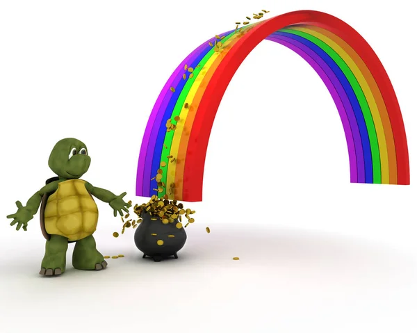 Turtle with pot of gold at the end of the rainbow — Stock Photo, Image
