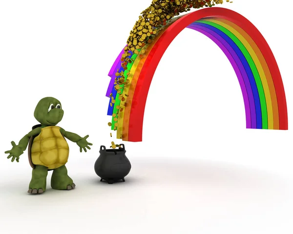 Turtle with pot of gold at the end of the rainbow — Stock Photo, Image