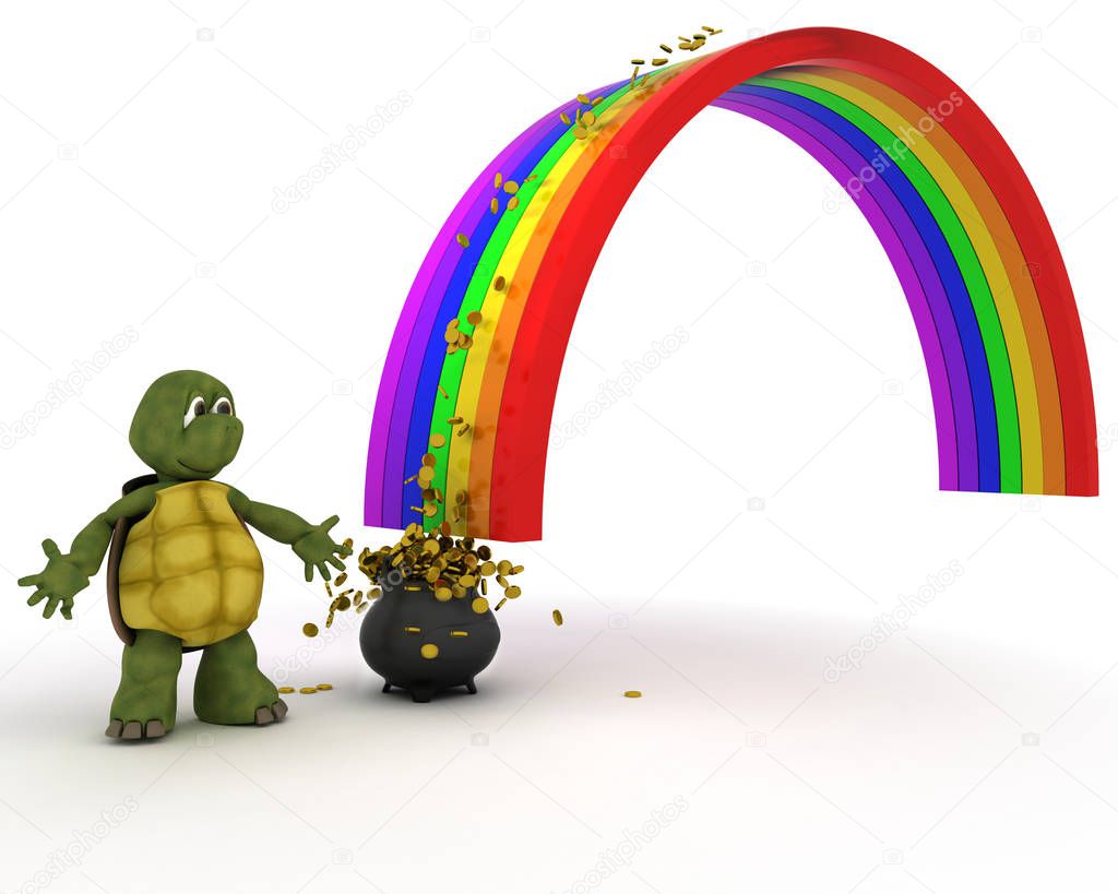 turtle with pot of gold at the end of the rainbow