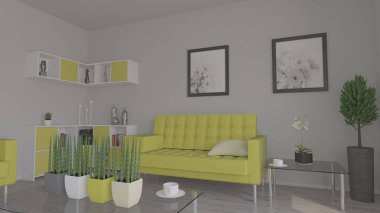 3d çağdaş Oturma Odası İç ve modern mobilya