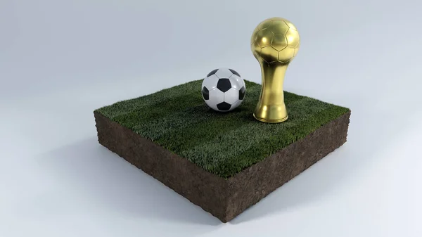 Bola 3D sepak bola dan piala pada patch rumput — Stok Foto