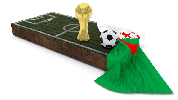 3D Soccer ball and trophy on grass patch with flag — Stock Photo, Image