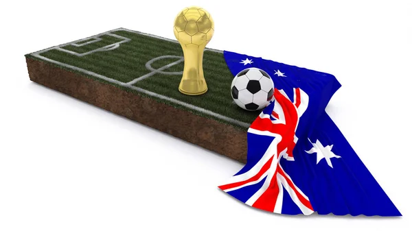 3D Soccer Ball en trofee op gras patch met vlag — Stockfoto