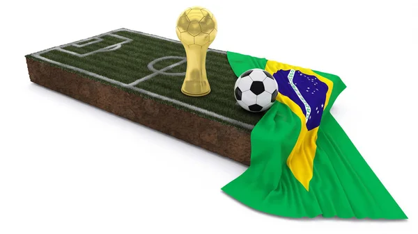 Pallone da calcio 3D e trofeo su erba patch con bandiera — Foto Stock