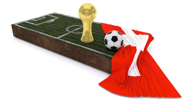 3D-Fußball und Trophäe auf Rasenfläche mit Fahne — Stockfoto