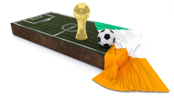 3D Soccer Ball en trofee op gras patch met vlag — Stockfoto