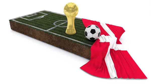 Bola 3D dan piala di rumput patch dengan bendera — Stok Foto