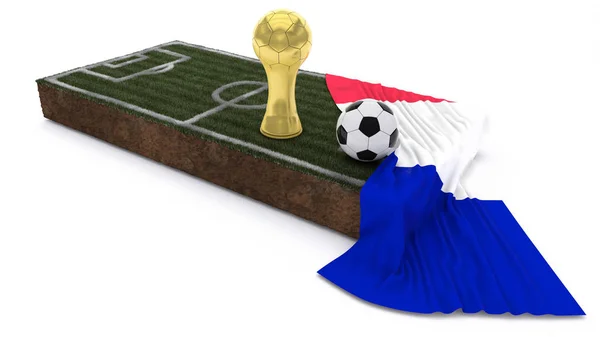 3D balón de fútbol y trofeo en el parche de hierba con bandera — Foto de Stock