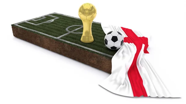 3D футбольный мяч и трофей на траве с флагом — стоковое фото