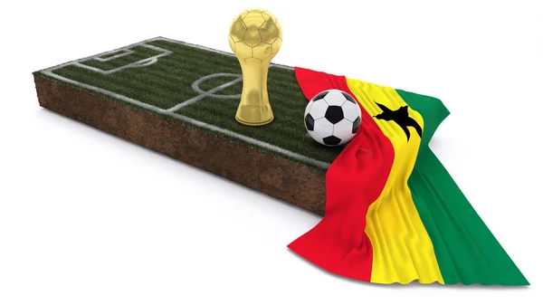 3D-Fußball und Trophäe auf Rasenfläche mit Fahne — Stockfoto