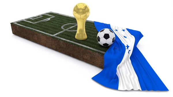 3D-Fußball und Trophäe auf Rasenfläche mit Fahne — Stockfoto