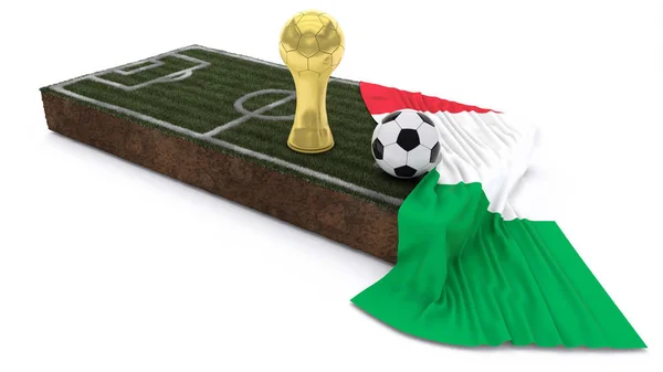 Pallone da calcio 3D e trofeo su erba patch con bandiera — Foto Stock