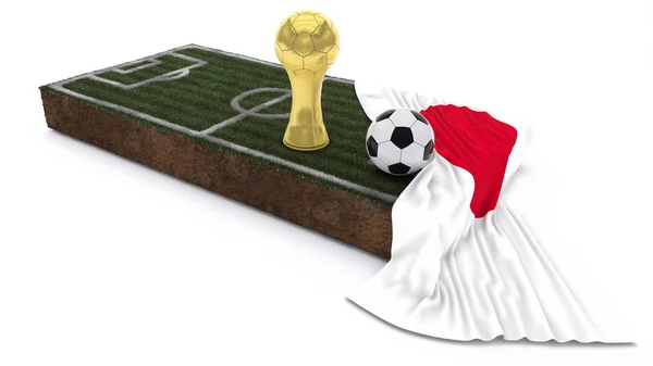 3D Soccer ball and trophy on grass patch with flag — Stock Photo, Image