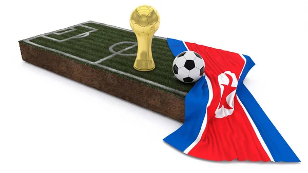 3D Soccer ball and trophy on grass patch with flag — Stock Photo, Image