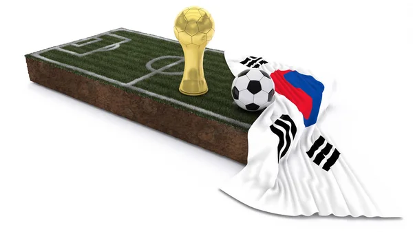 3D Soccer ball and trophy on grass patch with flag — Stock Photo, Image