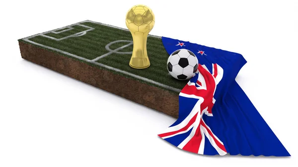 3D Soccer ball and trophy on grass patch with flag — Stock Photo, Image