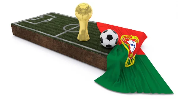 3D Soccer Ball en trofee op gras patch met vlag — Stockfoto