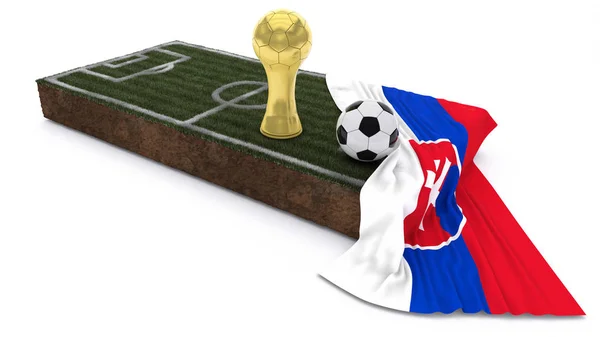 3D Soccer Ball och Trophy på gräs lapp med flagga — Stockfoto