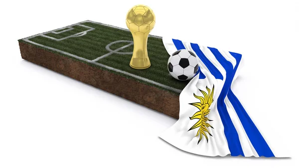 3D balón de fútbol y trofeo en el parche de hierba con bandera — Foto de Stock