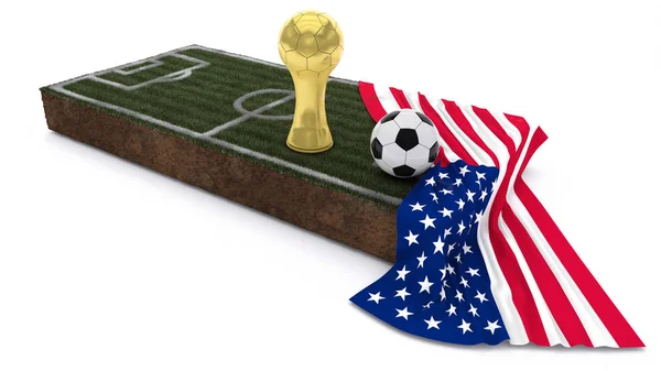 3D Soccer Ball en trofee op gras patch met vlag — Stockfoto