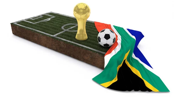 3D Soccer ball and trophy on grass patch with flag — Stock Photo, Image