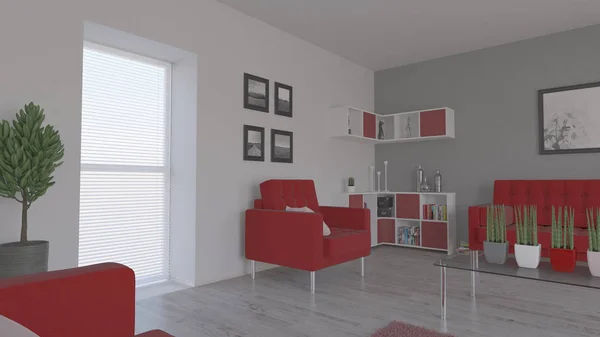 3D сучасна вітальня Інтер'єр та сучасні меблі — стокове фото