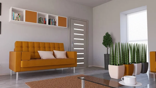 3D současný obývací pokoj interiér a moderní nábytek — Stock fotografie