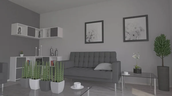 3D contemporânea Sala de estar Mobiliário interior e moderno — Fotografia de Stock