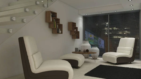 Współczesny salon 3D wnętrze i nowoczesne meble — Zdjęcie stockowe