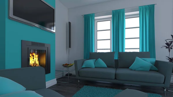3D kortárs lakótér és modern bútorzat — Stock Fotó