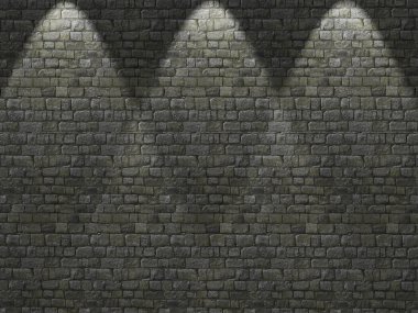 Spot ışıkları aşağı parlayan 3d eski tuğla duvar