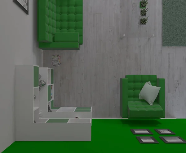 Współczesny salon 3D wnętrze i nowoczesne meble — Zdjęcie stockowe