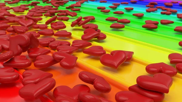Render 3D di cuori su sfondo arcobaleno — Foto Stock