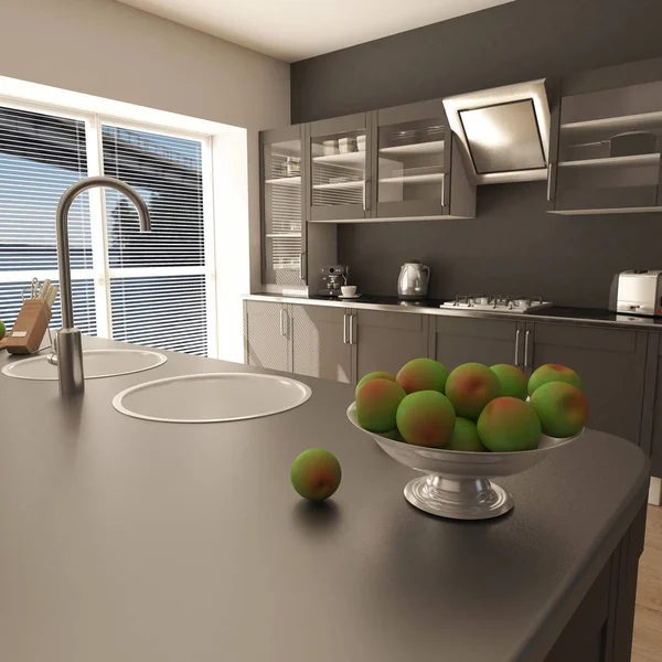 Renderização de cozinha Contemporânea 3D — Fotografia de Stock