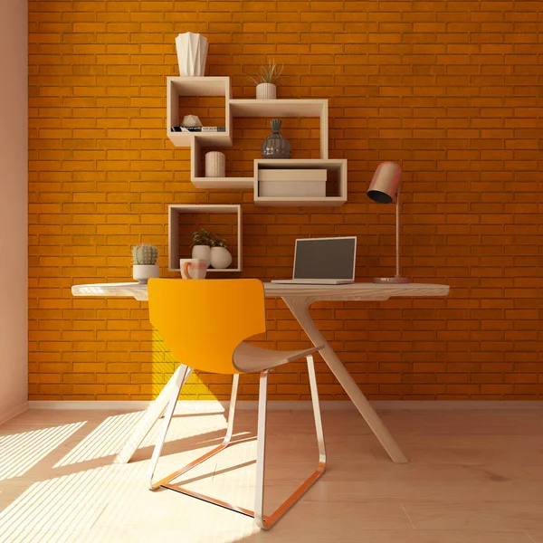 现代家庭办公室的3d渲染 — 图库照片