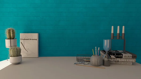 现代家庭办公室的3d渲染 — 图库照片