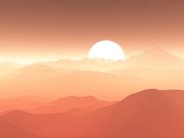 Catena montuosa nebbiosa 3D contro il cielo del tramonto — Foto Stock