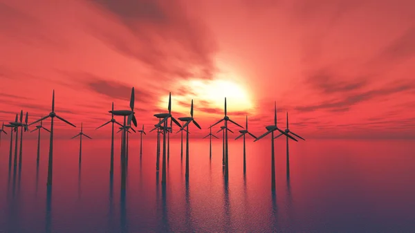 Turbinas eólicas 3D no mar contra um céu por do sol — Fotografia de Stock
