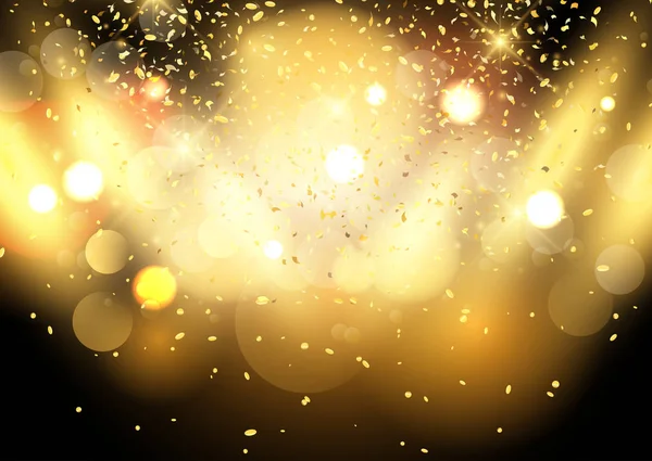 Gouden bokeh lichten achtergrond met confetti — Stockvector