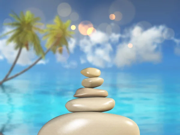 3D balancing pebbles against a defocussed tropical landscape — Stock Photo, Image