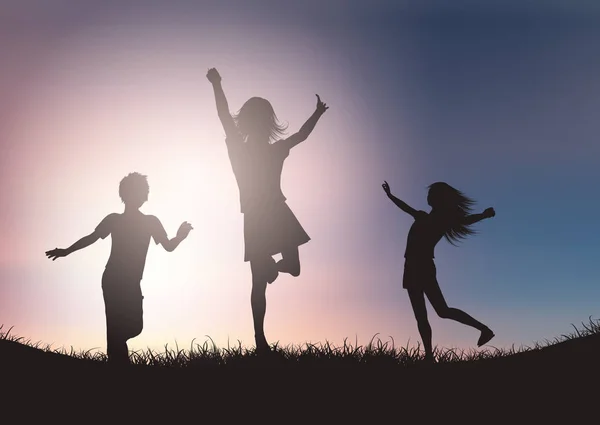 Silhouettes d'enfants jouant contre le ciel couchant — Image vectorielle