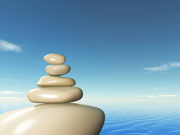 3D balancing pebbles against an ocean landscape — Stock Photo, Image